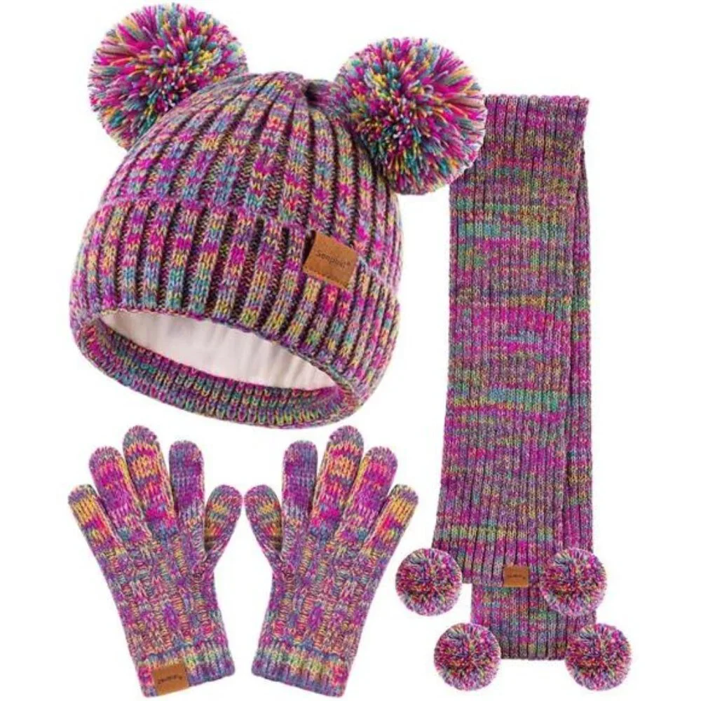 Kids‎ Purple Winter Hat Gloves Scarf Set, Girls Toddler Children Beanie Snow Cap